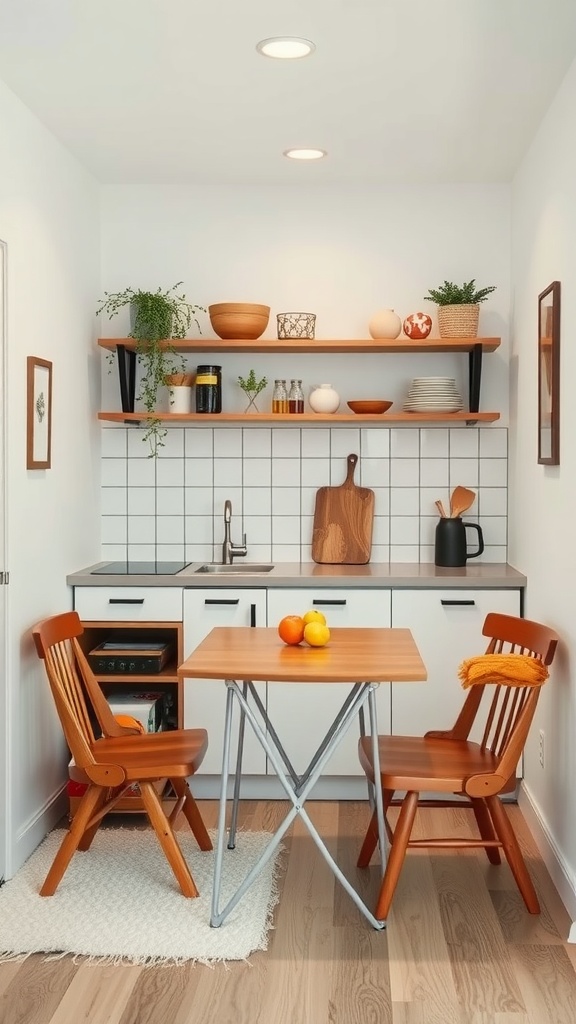 A compact kitchen featuring a collapsible table and two chairs, showcasing a modern and space-efficient design.