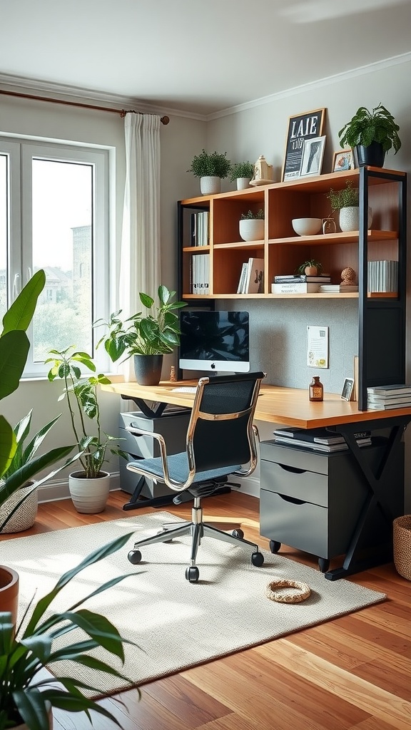 A cozy home office featuring collapsible furniture, plants, and a well-organized workspace.