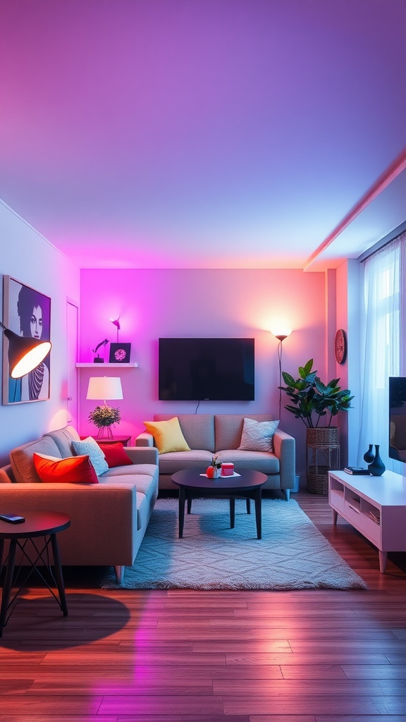 Living room with color-changing smart bulbs creating a warm atmosphere with pink and purple hues.