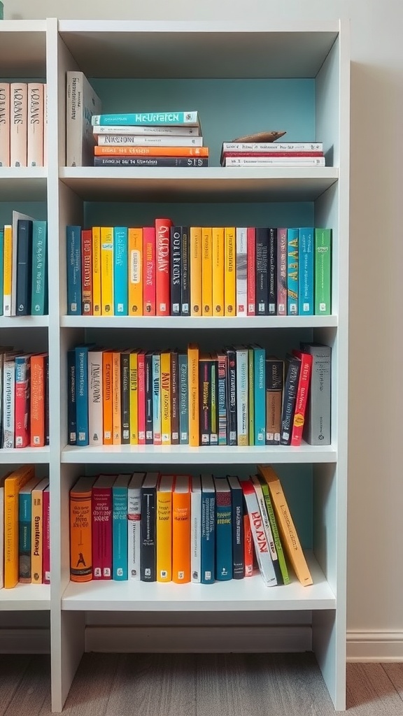 A color-coded bookshelf displaying a variety of books in a vibrant arrangement.