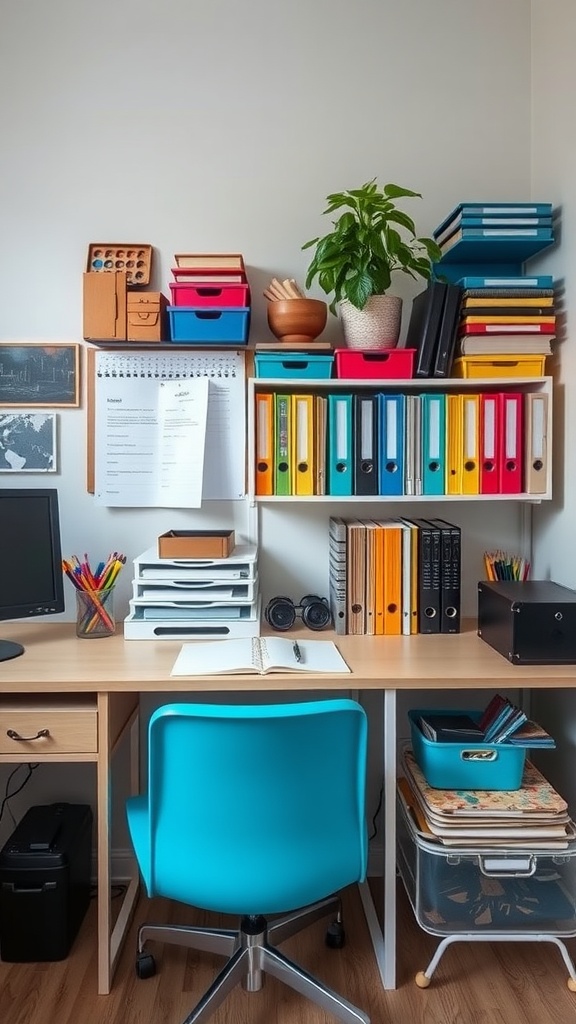 A well-organized small home office with color-coded storage and a plant on the desk.