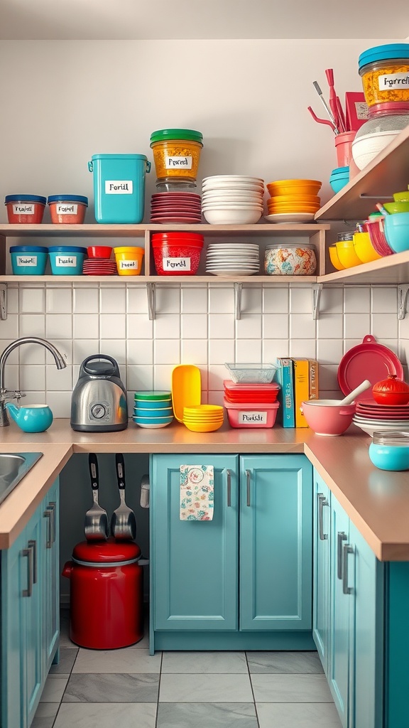 A colorful and organized tiny kitchen with labeled containers and vibrant dishes.