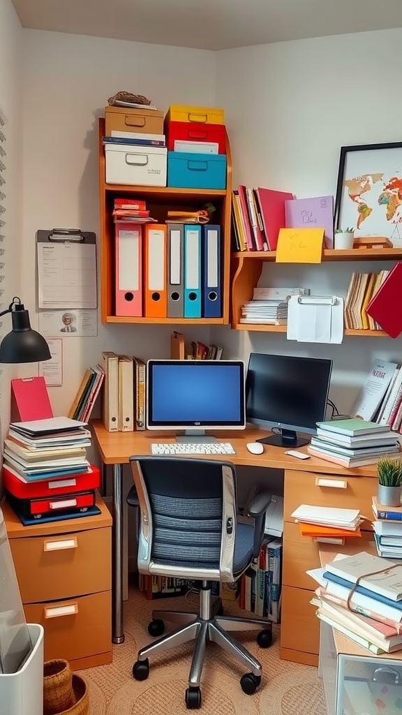 A small home office with color-coded organization, featuring bright boxes and folders, two monitors, and a stylish chair.