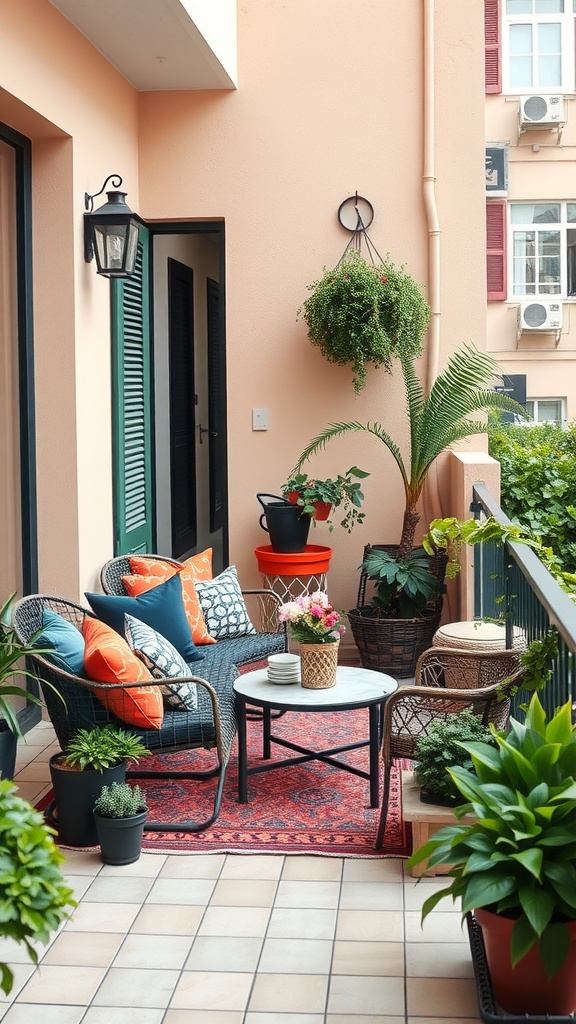 A cozy balcony with colorful decor featuring a peach wall, vibrant cushions, plants, and a patterned rug.