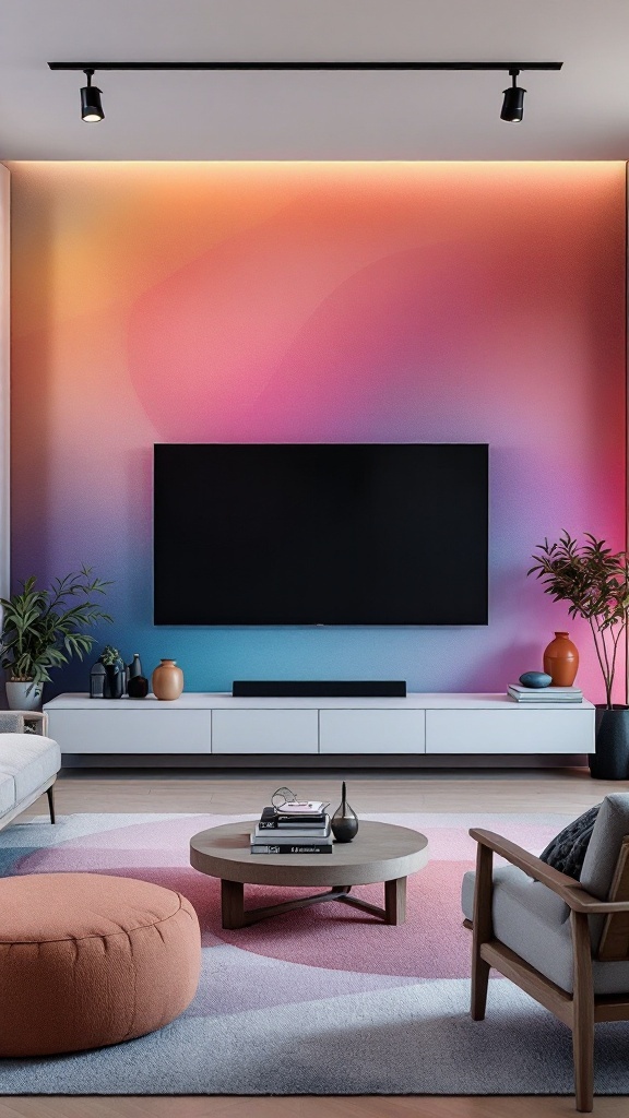 A modern living room with a color gradation wall behind the TV, featuring a blend of warm and cool tones.