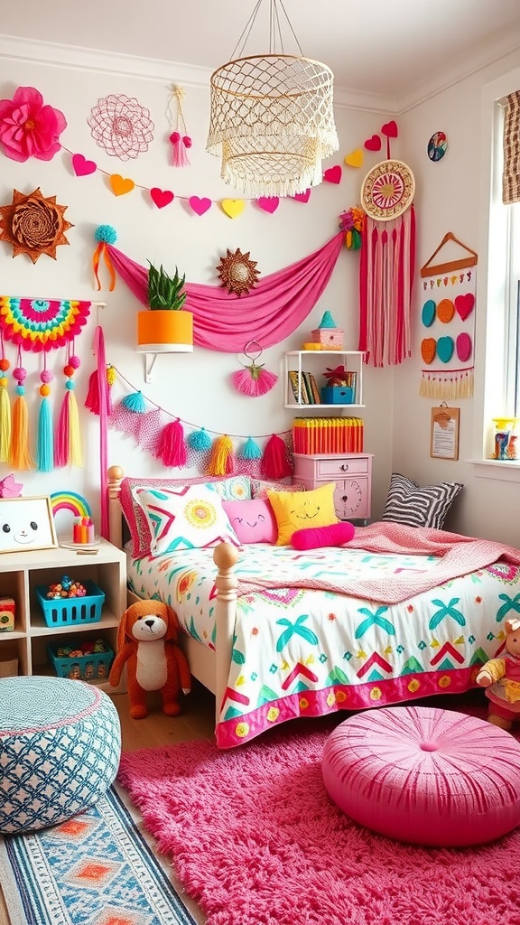 Colorful boho style bedroom for a girl toddler with vibrant decorations and cozy furnishings.