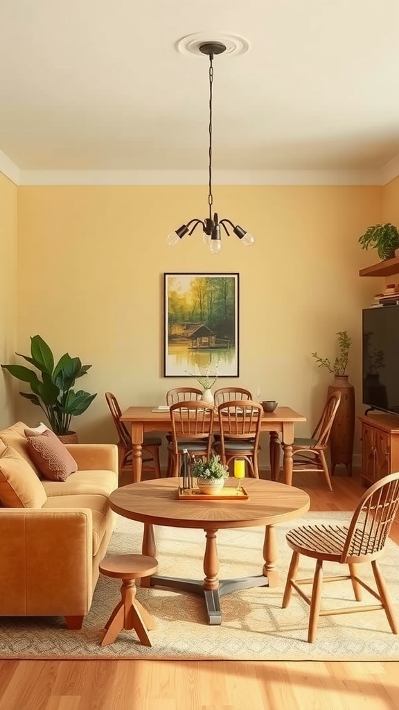A cozy living dining room combo with warm yellow walls, wooden furniture, and a pendant light, creating an inviting atmosphere.