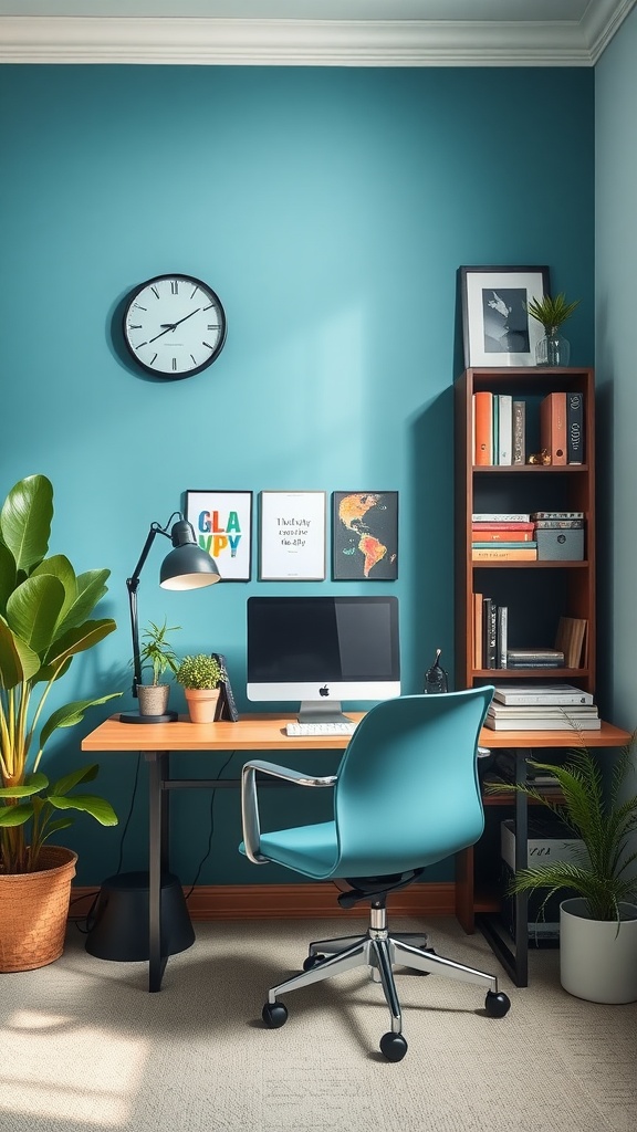 A stylish small home office featuring a teal wall, wooden desk, blue chair, plants, and inspiring wall art.