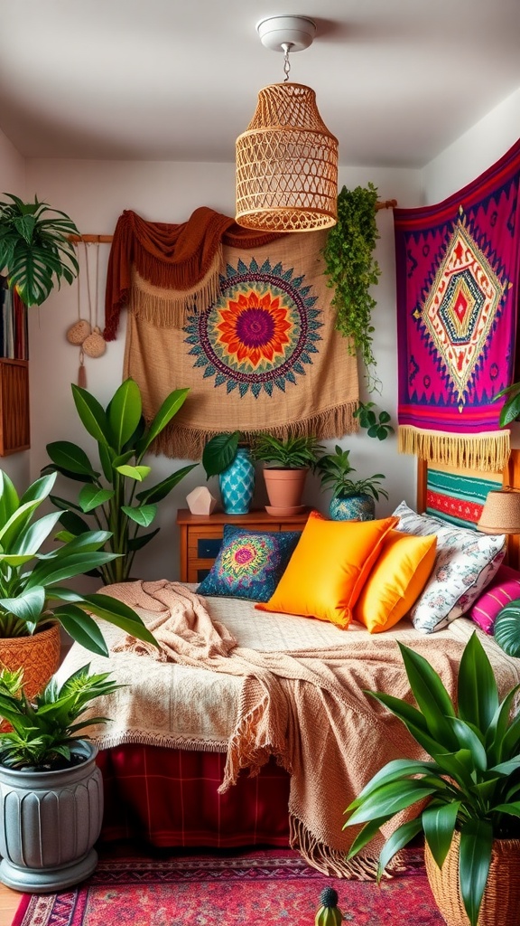 A cozy boho-style bedroom with colorful decor and plants.