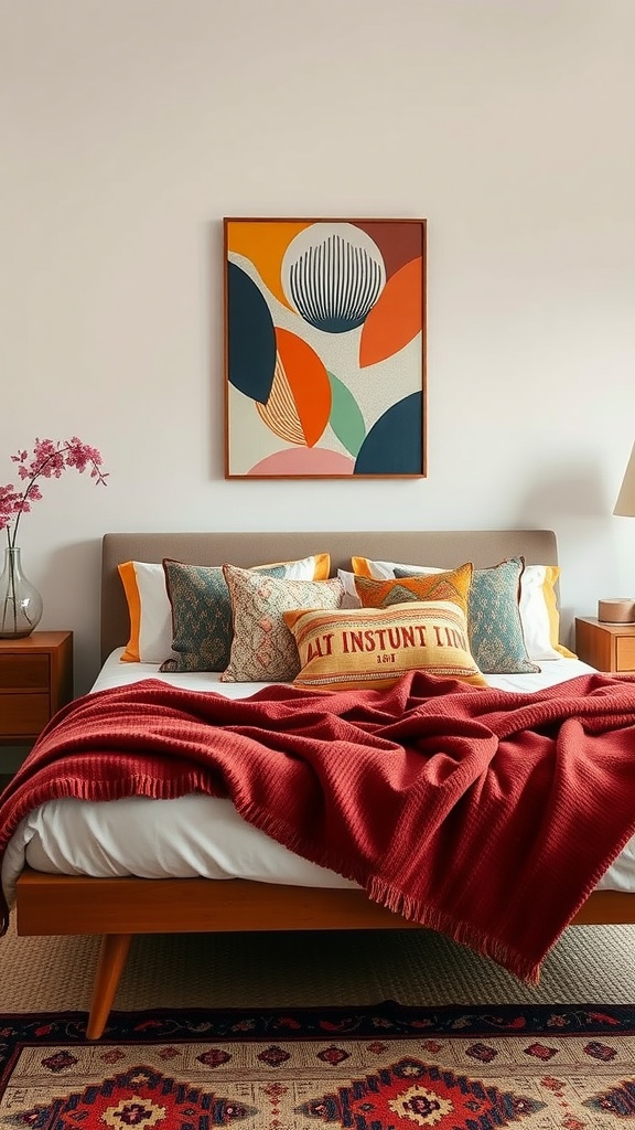 A cozy Boho Mid-Century Modern bedroom featuring colorful accent pillows on a bed with a red throw blanket and modern decor elements.