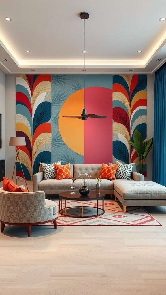 A modern living room featuring a colorful accent wall with geometric patterns, a gray sectional sofa, and decorative pillows.