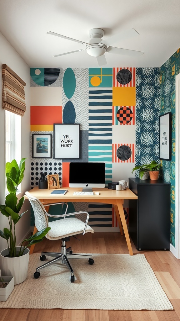 A tiny home office featuring a colorful accent wall with various patterns and a simple desk setup.