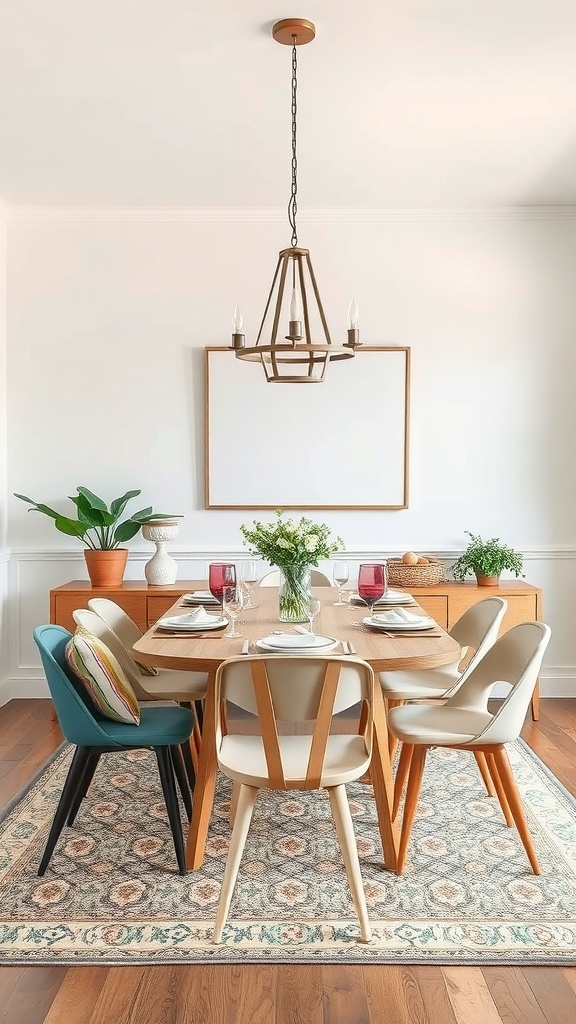 Modern farmhouse dining room with colorful accent chairs and a neutral color palette.