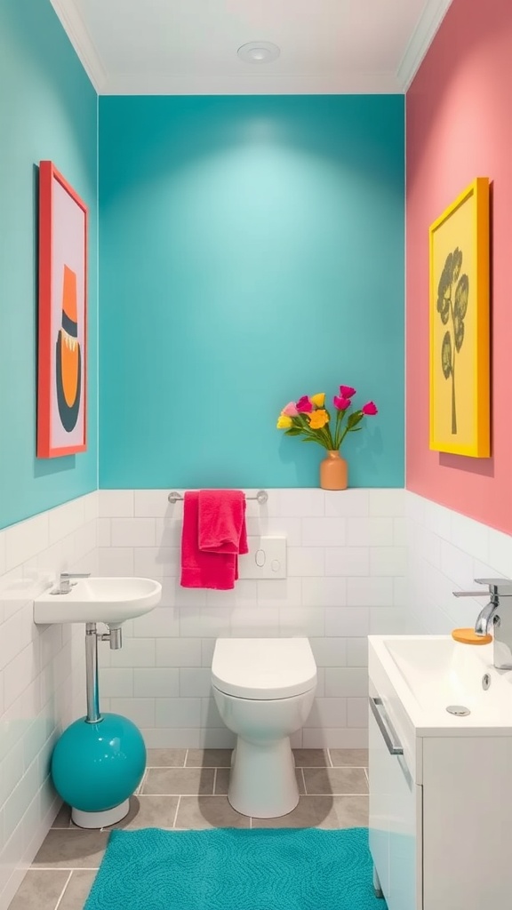 Vibrant modern luxury bathroom with teal and coral walls, turquoise sink, colorful towels, and artwork.