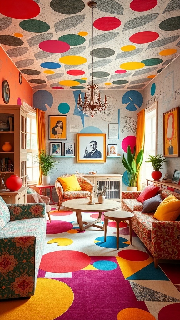 A colorful and playful living room dining room combo with bright patterns and cozy furniture.