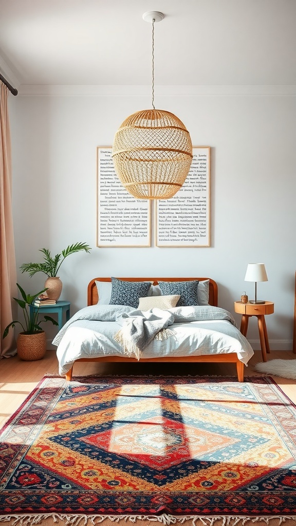 A cozy bedroom featuring a colorful area rug with a geometric design, a wooden bed, and a soft pendant light.