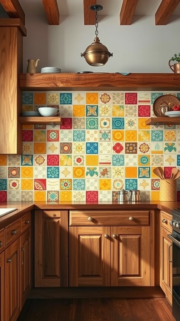 Kitchen featuring colorful backing tiles with various patterns, warm wooden cabinets, and open shelving.