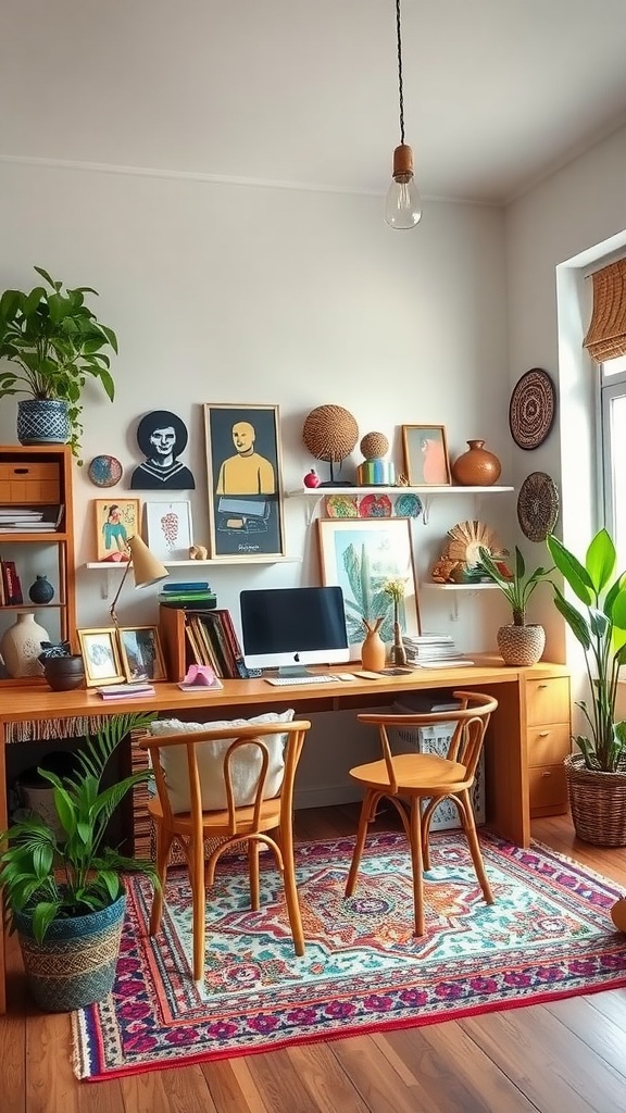 A colorful bohemian home office featuring a wooden desk, eclectic decor, and plants.