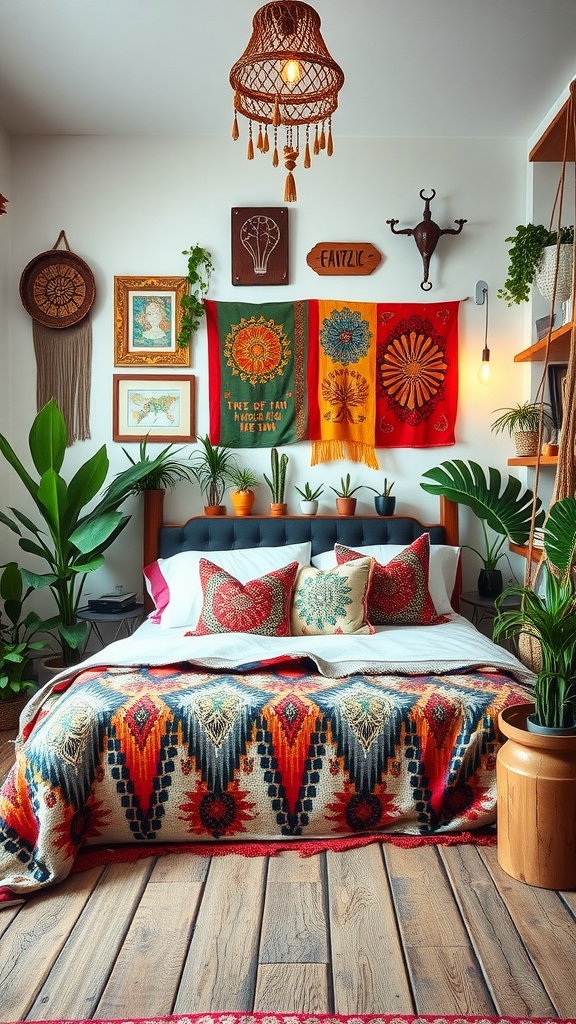 A colorful boho bedroom featuring a cozy bed with patterned blankets, vibrant wall decor, and green plants.