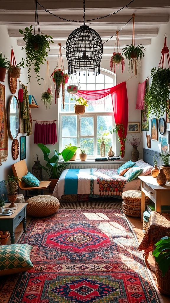 A cozy boho-style bedroom filled with plants, colorful textiles, and a vibrant rug.