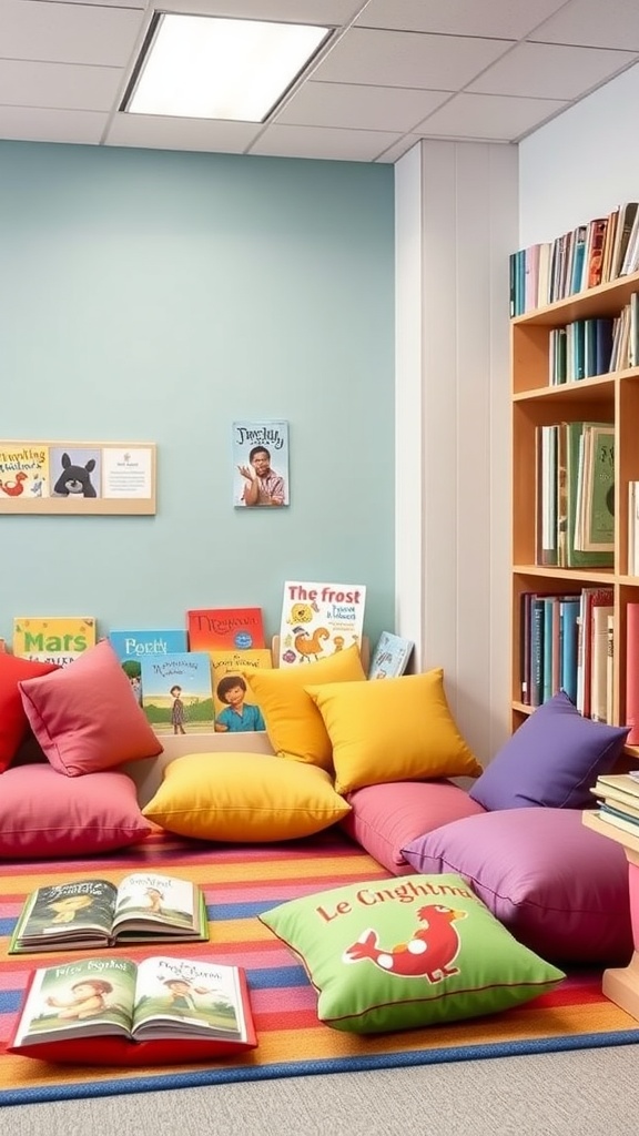 A colorful classroom reading corner with cushions and books