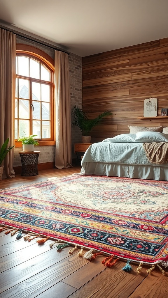 A colorful cotton rug in a Boho style bedroom with wooden accents and natural light.