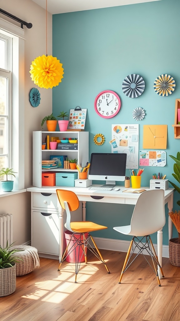 A colorful home office and craft corner featuring a blue wall, organized desk with a computer, and vibrant decor.