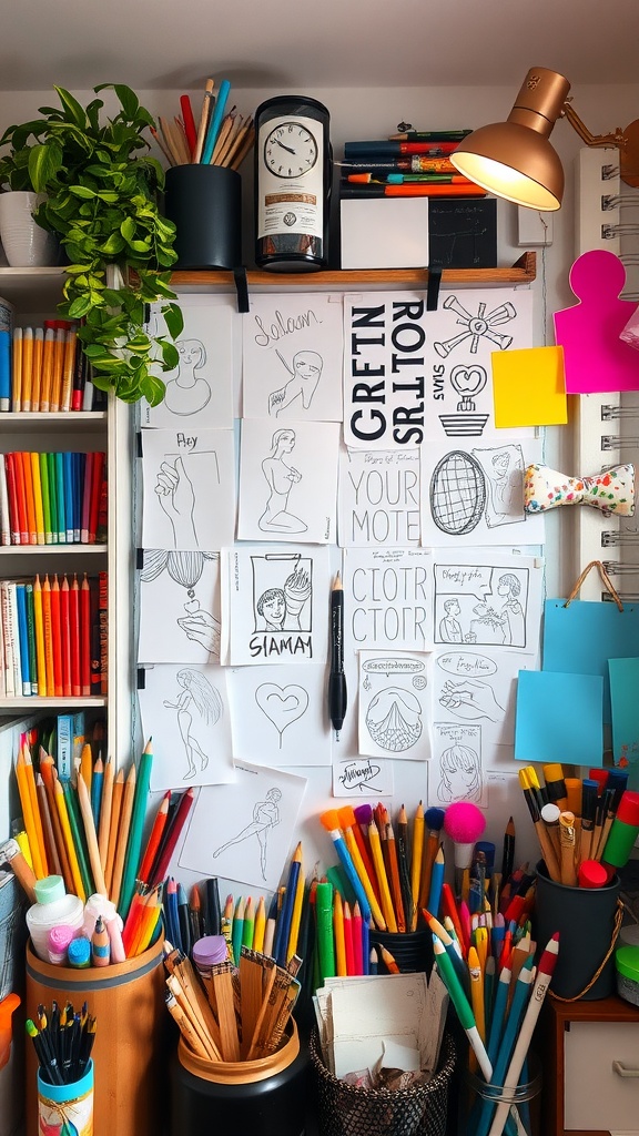 A colorful creative workspace featuring an inspiration board filled with sketches, various art supplies, and a clock.