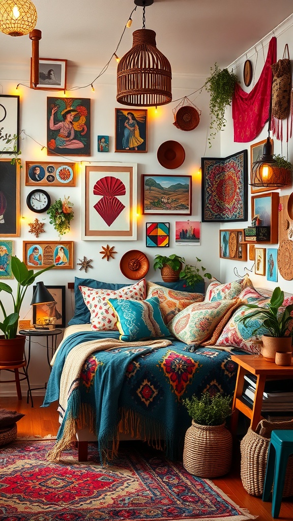 A colorful Boho teen bedroom featuring a gallery wall, patterned bedding, and plants.