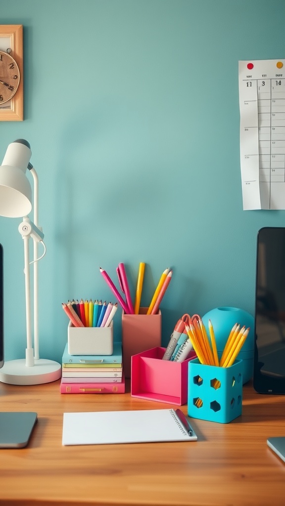 Colorful desk accessories in a cozy home office