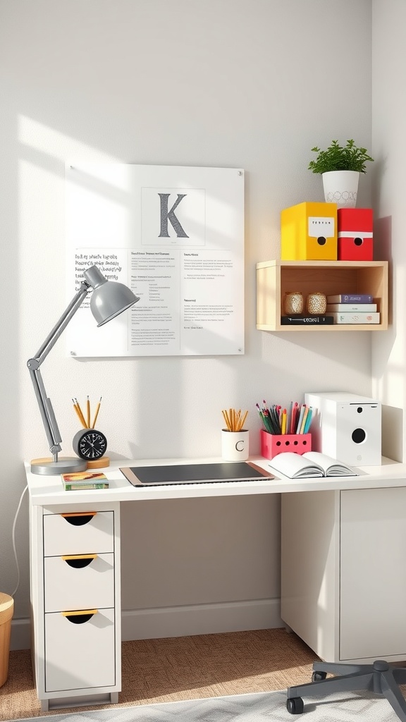 Colorful desk organizers and a tidy office space with a lamp and plant.