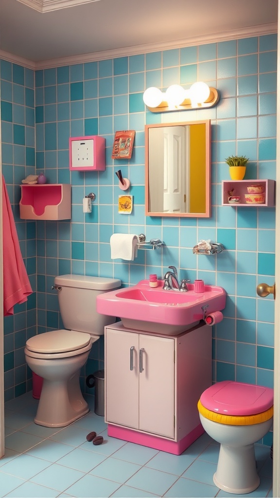 A vibrant 70s-inspired bathroom featuring blue tiles and colorful pink fixtures.