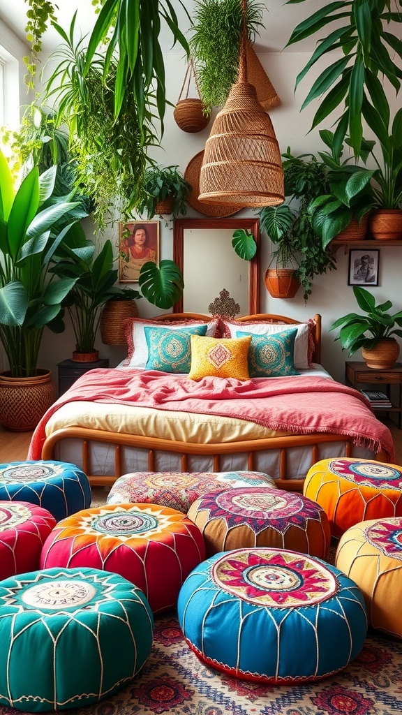 A colorful arrangement of Moroccan poufs in a vibrant Boho jungle-themed bedroom with lush plants and eclectic decor.