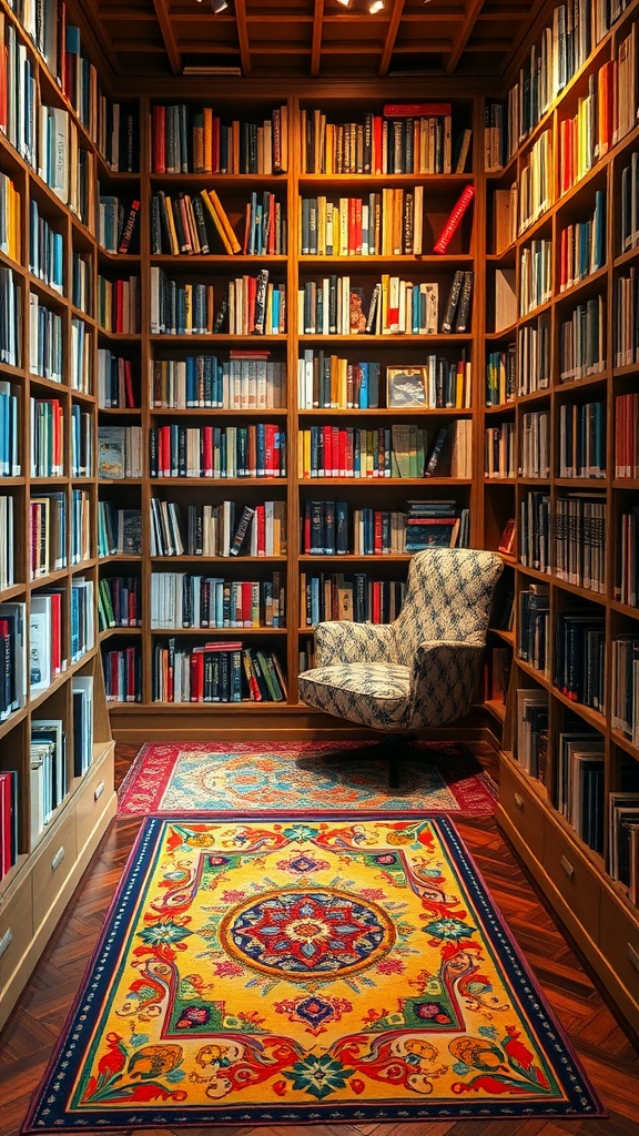 A cozy library corner with colorful mosaic rugs and wooden bookshelves filled with books.