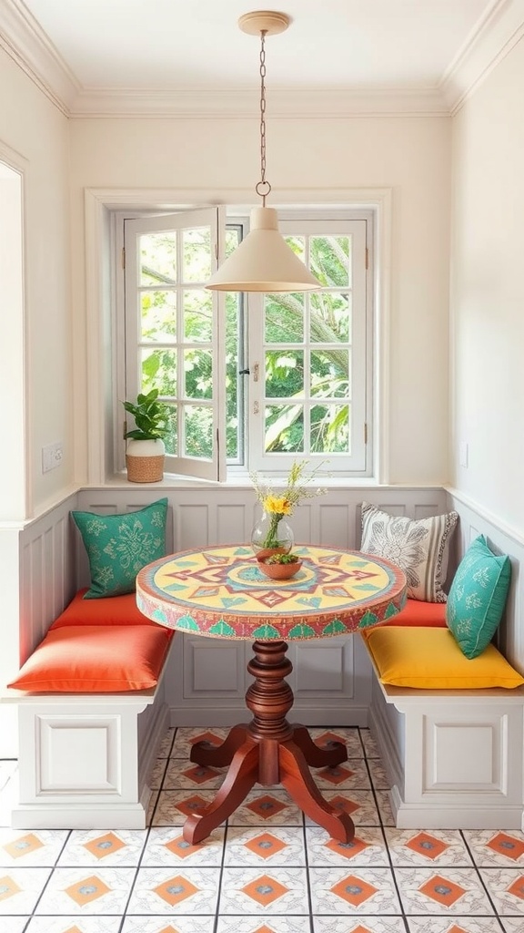 A cozy kitchen nook with a colorful mosaic table and bright seating, filled with natural light.