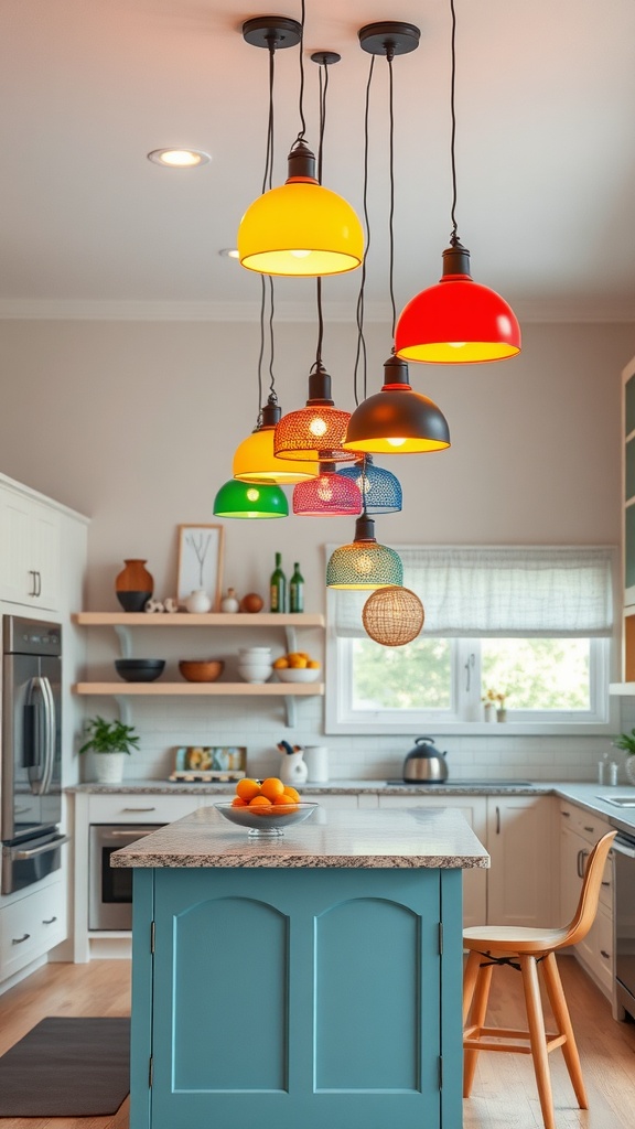 Colorful pendant lights hanging over a kitchen island, featuring various bright colors.