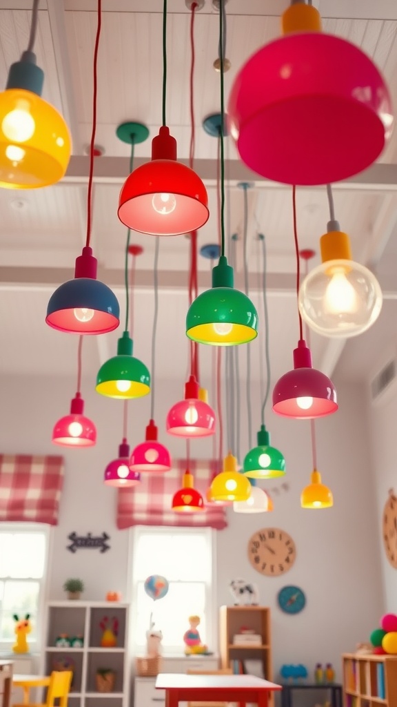 A colorful arrangement of pendant lights in a playful setting