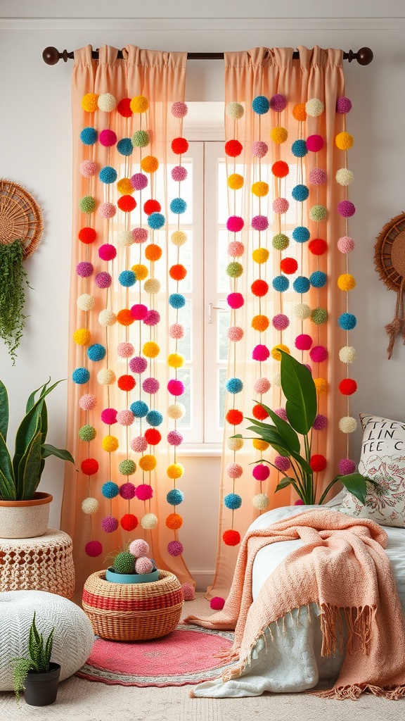 A window adorned with colorful pom-pom curtains, featuring vibrant puffs of fabric in multiple colors, with a cozy boho decor setting.