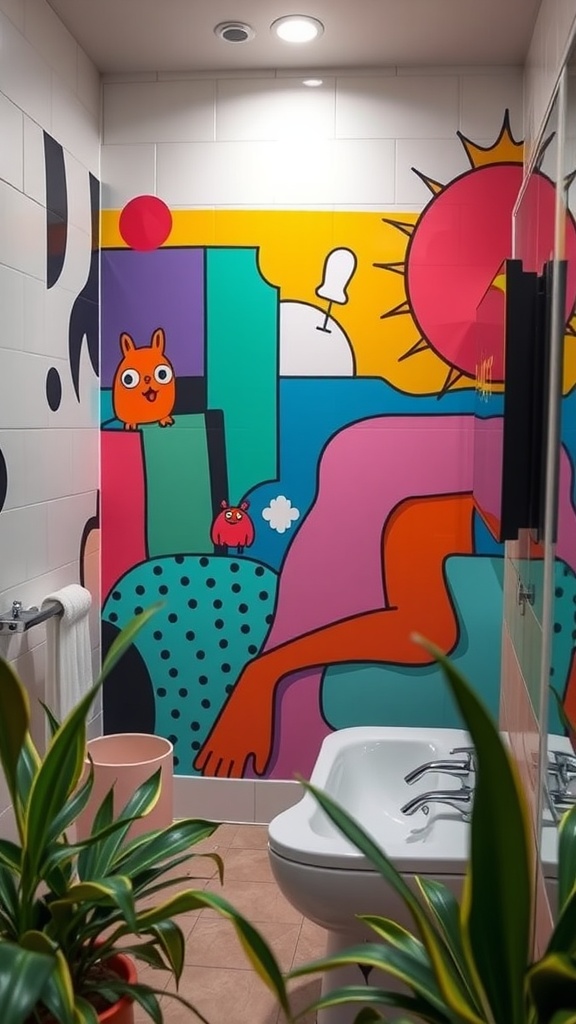 A vibrant pop art mural in a bathroom featuring playful characters and bold colors.
