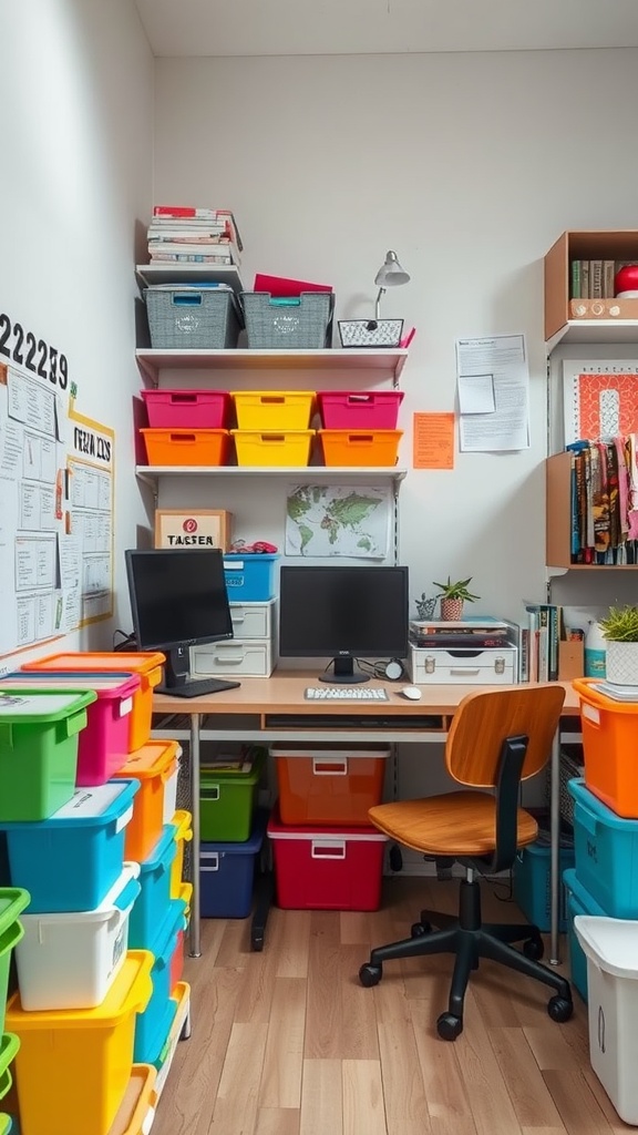 A vibrant tiny home office with colorful storage bins and organized workspace.