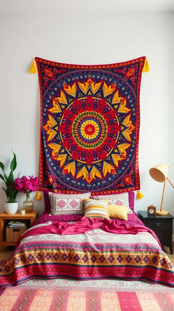 A vibrant tapestry hung above a bed with pink bedding, showcasing a colorful design and cozy decor.
