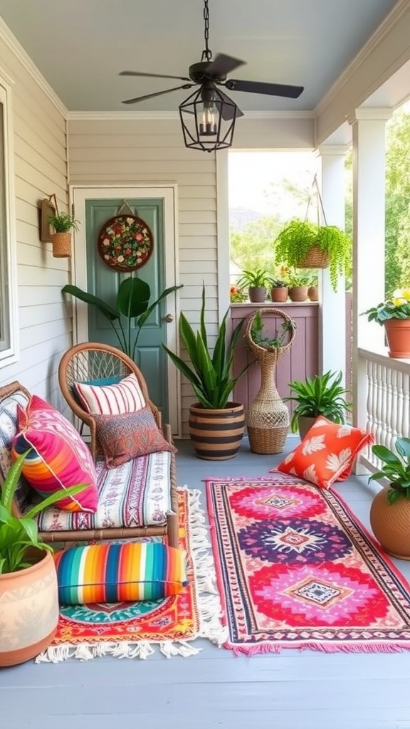 A vibrant Boho back porch featuring colorful pillows, rugs, and potted plants.