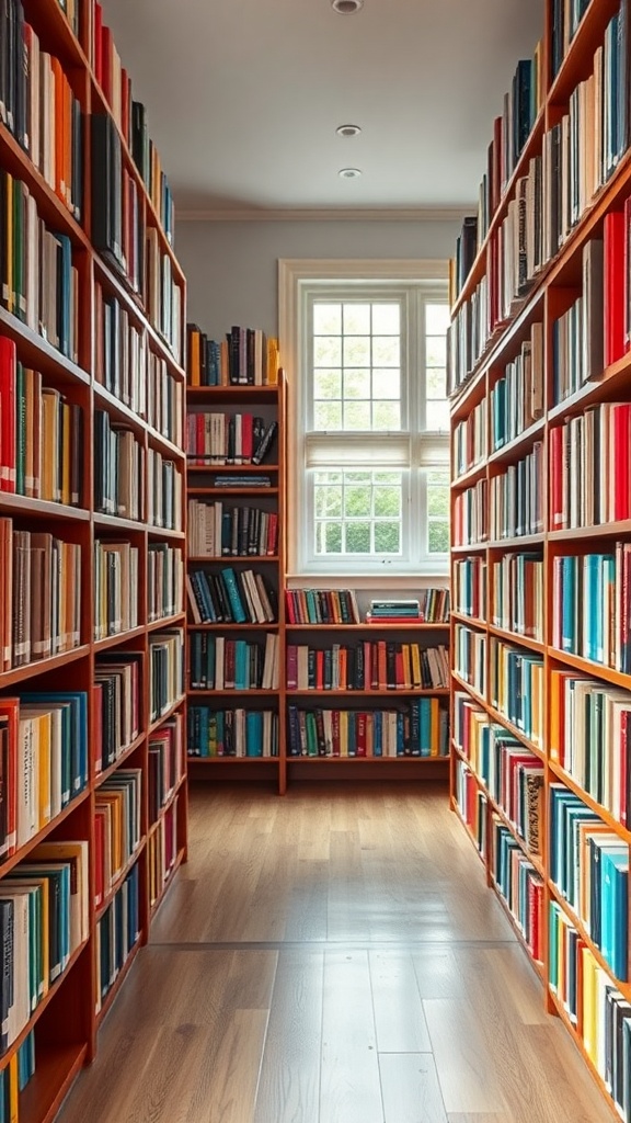 A cozy library with colorful themed bookshelves lined with books of various colors.