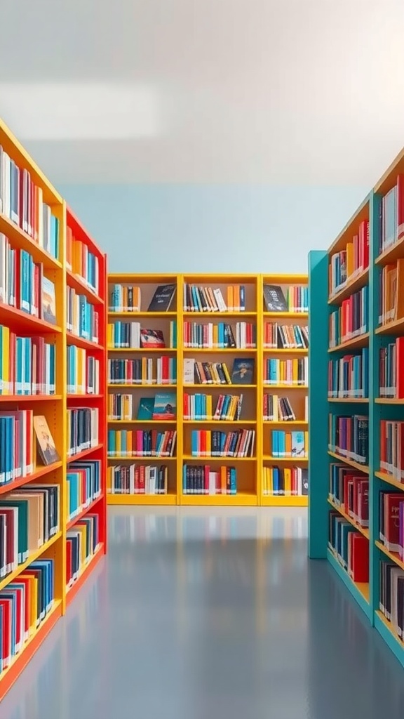 Brightly colored bookshelves filled with books in a modern library setting