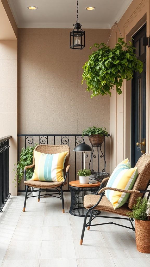 A small balcony with colorful throw pillows on chairs, surrounded by plants and a stylish side table.