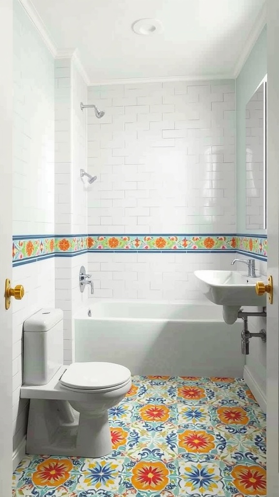 Brightly colored tiled bathroom with floral patterns and white subway tiles