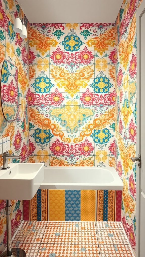 A brightly decorated bathroom with colorful patterned tiles on the walls and floor, featuring a modern sink and bathtub.
