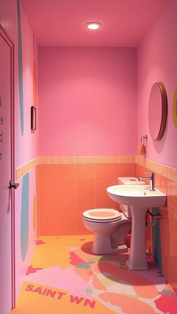 A small bathroom with pink walls and colorful accents, showcasing space-enhancing color choices.