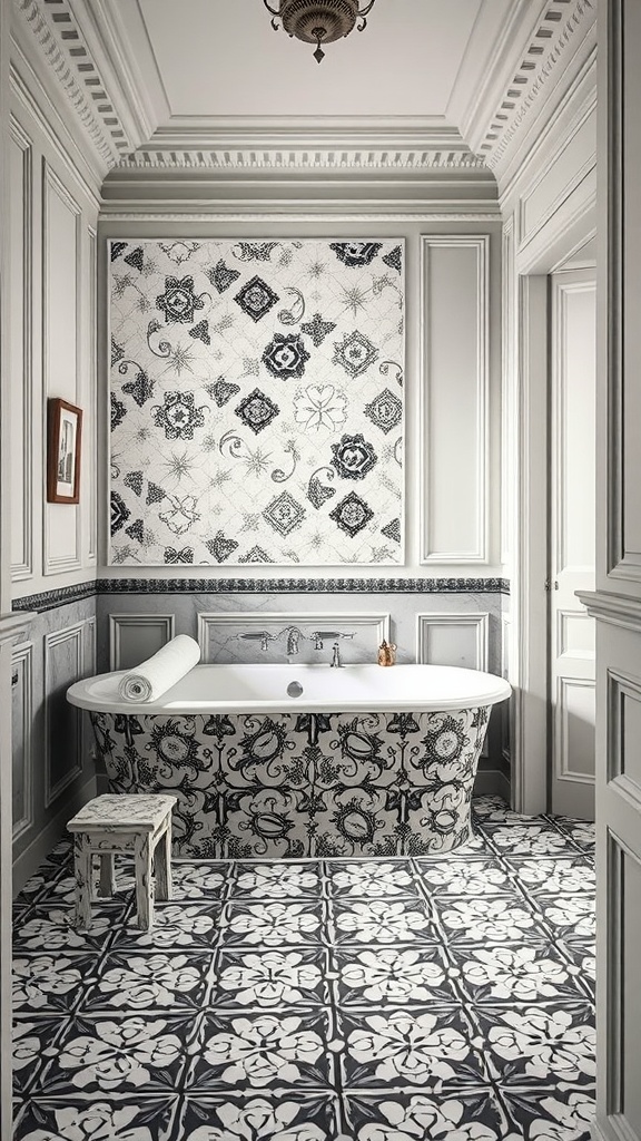 A bathroom featuring classic wall panelling and intricate black and white patterned tiles.