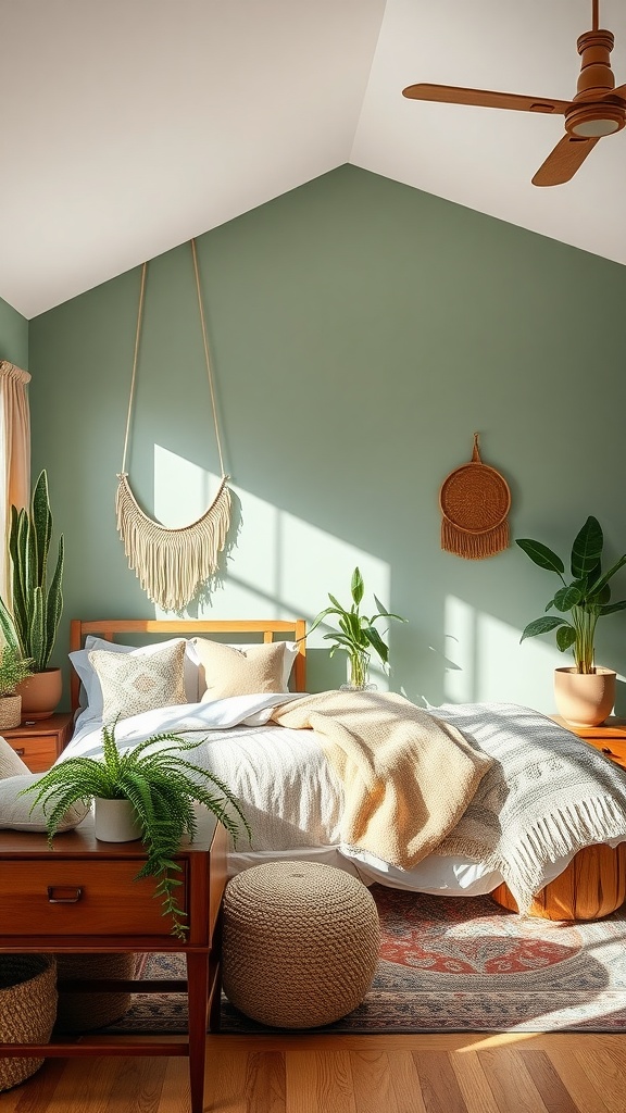 A serene boho style bedroom featuring sage green walls and rich wood furniture, decorated with plants and soft textiles.